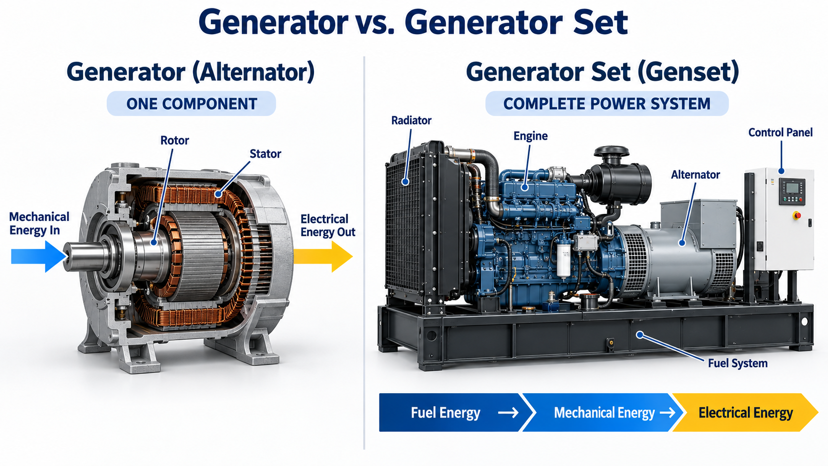 Generator vs zestaw prądotwórczy przedstawiający alternator i kompletne elementy agregatu prądotwórczego