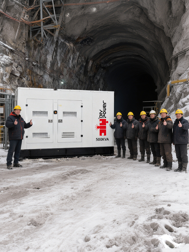 jimeng-2025-11-25-2175-冬天的一个采矿项目全景，重点体现在一个500米深的矿井中安装了图一的的柴油发电机...