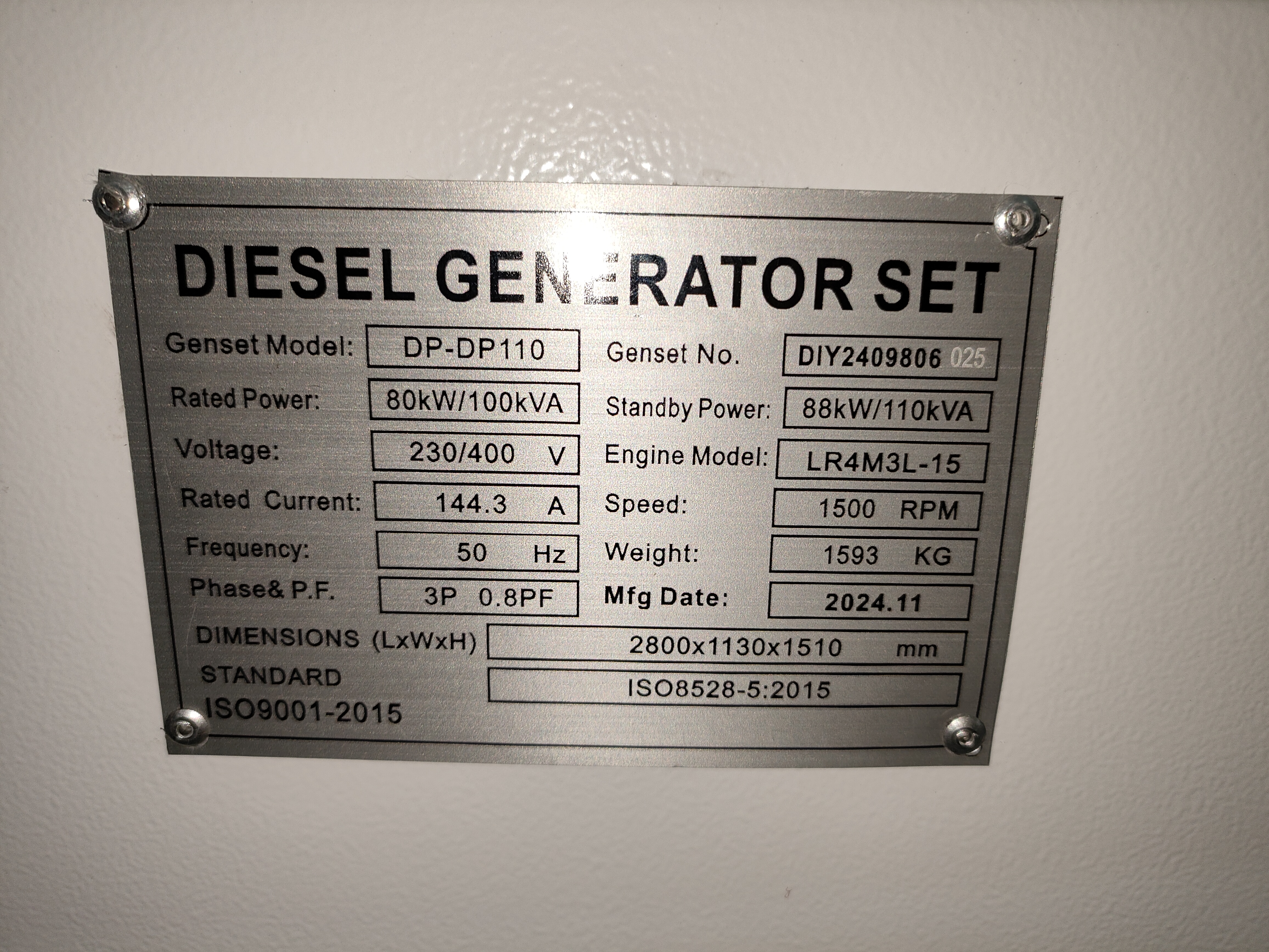 DIY-DP110 YTO LR4M3L-15 Diesel Generator Set 80kW 50Hz